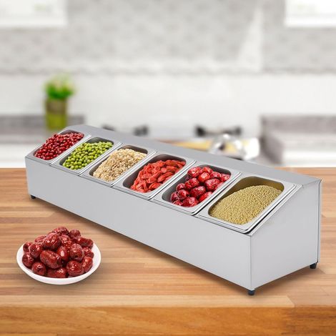 Zutatenbehälter Edelstahl 6 Gitter Zutatenbox Beilagenbehälter Barbehälter,GN Aufsatzbord Mit Deckel,Ideal für die Aufbewahrung von Früchten, Gewürzen, Zutaten usw (1/5)