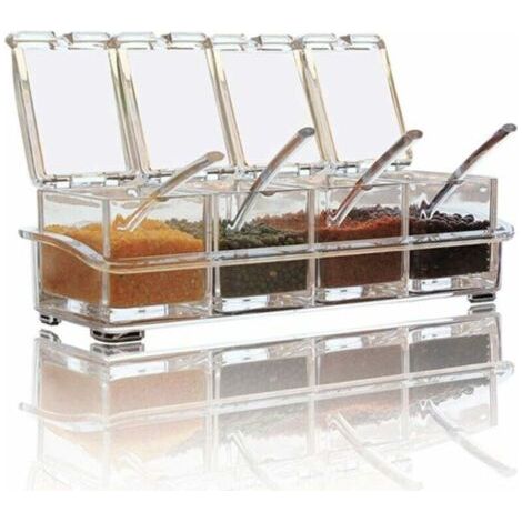 Set di condimenti, 4 pezzi: barattoli trasparenti per sale e spezie, contenitori per spezie da cucina con 4 cucchiai, coperchio e cucchiaio.