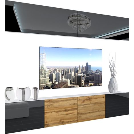 BELINI Wohnwand Vollausstattung Wohnzimmer-Set Moderne Schrankwand mit LED-Beleuchtung Anbauwand TV-Schrank Schwarz/Eiche Wotan untene Seiten Schwarz