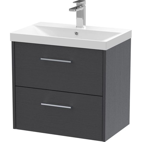Winshill Contemporary 2 Drawer Wall Hung Vanity Unit with Thin Edge Basin, Woodgrain Dark Grey, 600mm (1/4)
