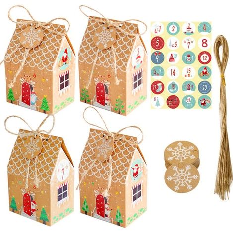 Boîte à bonbons en forme de maison en pain d'épice pour Noël, calendrier de l'Avent, emballage cadeau en papier kraft, petite boîte en papier, 24 ensembles (1/4)