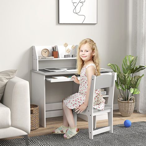 Bureau Enfant Chaise Ergonomique, Clavier Coulissant, Tiroir Niches, 90x45x90 cm, Gris (1/5)