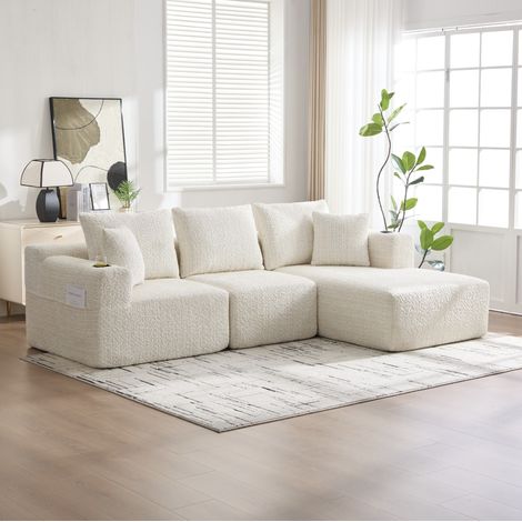 MODFU – Divano angolare modulabile in ciniglia con 2 moduli, tasche laterali, braccioli larghi e montaggio senza attrezzi – Beige (1/5)