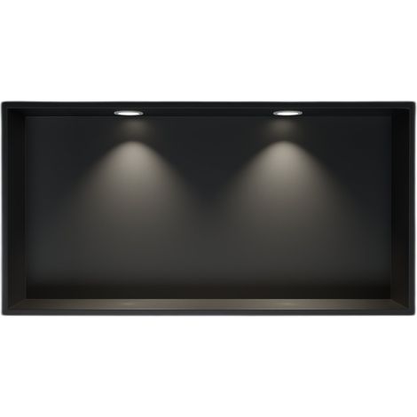 BERNSTEIN - Cabina de ducha de acero inoxidable + 2 focos LED, repisa de ducha empotrada - 20x60x10cm (AlxAnxPr) - Negro, 2x Focos blanco mate Negro, 2x marco de instalación spot blanco mate