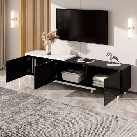 Meuble TV extensible, basse console avec 3 portes laquées brillantes, pieds métalliques, charnières silencieuses, design moderne, rangement spacieux (1/5)