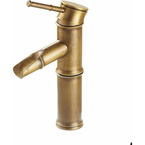 Mitigeur de lavabo Robinet d'eau chaude et froide antique tout en cuivre Robinet en bambou rétro (1/5)