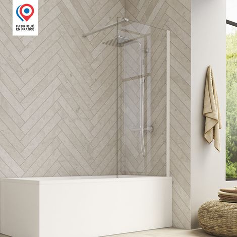 Kinedo – Pare-baignoire fixe en verre transparent 150 x 80 cm – 1 vantail – Verre de sécurité 6 mm – Finition chromée – Anticalcaire (1/2)