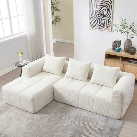 Sofá esquinero - 250 x 158 x 60 cm - Diseño moderno - Sin montar - 3 plazas con bolsillos laterales y cojines - Chenilla beige (1/5)