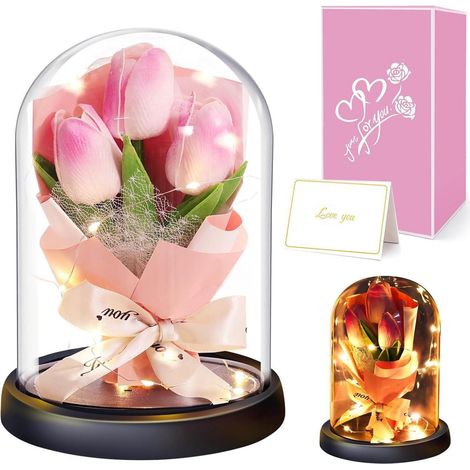 Künstliche Tulpen im Glas mit LED, Ewige Blumen als Geschenk für Frauen (1/5)