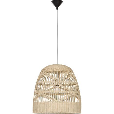 Merano Land Plafonnier Suspension Dôme 46cm Rotin Naturel Fil Tissu Noir Culot LED E27