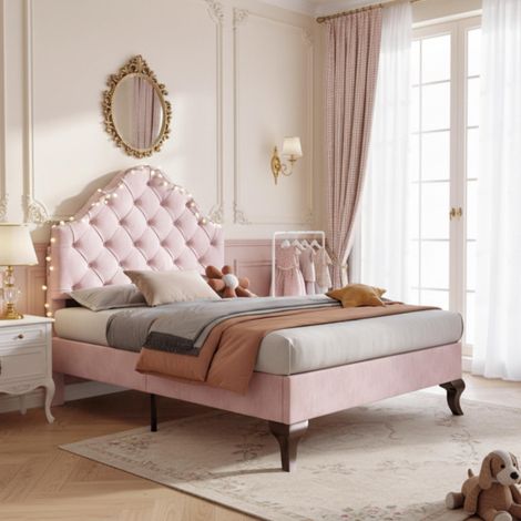 Lit rembourré 90x200cm avec sommier à lattes et tête de lit réglable en hauteur, lit enfant, lit simple, sommier à lattes en bois, montage facile, velours, rose, garantie 2 ans (1/5)