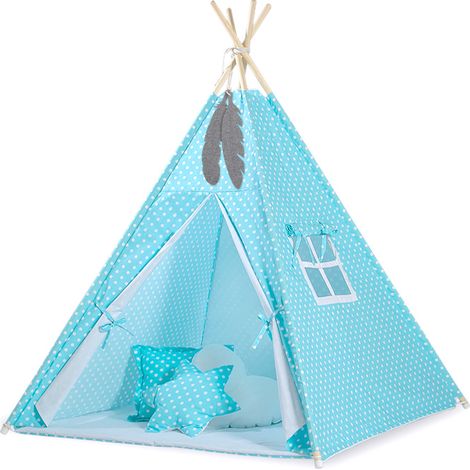 Tenda Tipi per bambini + pendenti con piume - Pois bianchi su turchese (1/5)