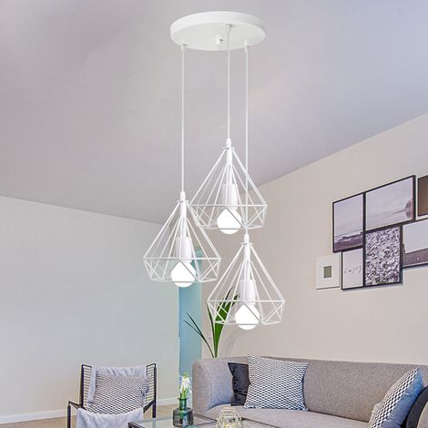 Lámpara Colgante, 3 Luces Vintage Lámparas de Techo con Ø20cm Jaula de Diamante, Industriale Luminaria de Techo de Planchar E27 para Dormitorio Salon Cocina Comedor (Blanco) (1/5)