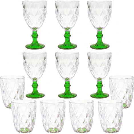 Set 12 Bicchieri 6 acqua 6 vino calici con piede in Vetro trasparente verde da tavola Eleganti Stile Raffinatezza in casa per Ogni Tavola e Occasione bar hotel ristorante