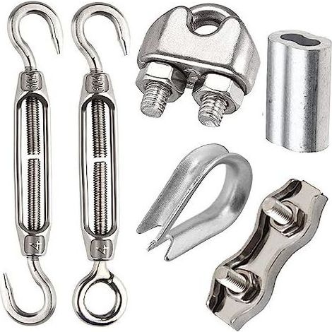 Lot de 30 tendeurs M4 - Avec tendeur en acier inoxydable M4, serre-câble métallique 3 mm inoxydable, cosse et pince sertissage aluminium pour câble tendu (1/5)