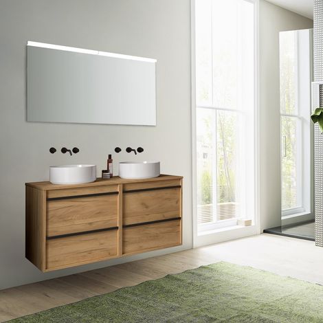 Mobile bagno sospeso 120 cm 4 cassetti in legno rovere africa con lavabo d'appoggio - Astoria - 120 cm Con Specchio Doppia colonna e Doppia lampada LED - Accessorio: Con doppia colonna - Misura: 120 c