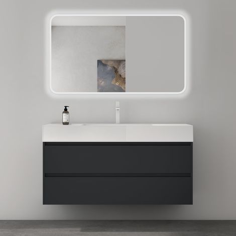 Mai & Mai Meuble de Salle de Bain Gris Noir Mat avec Lavabo et Miroir Meuble sous Vasque 120x48x63cm Meuble Suspendu avec 2 Tiroirs (1/5)