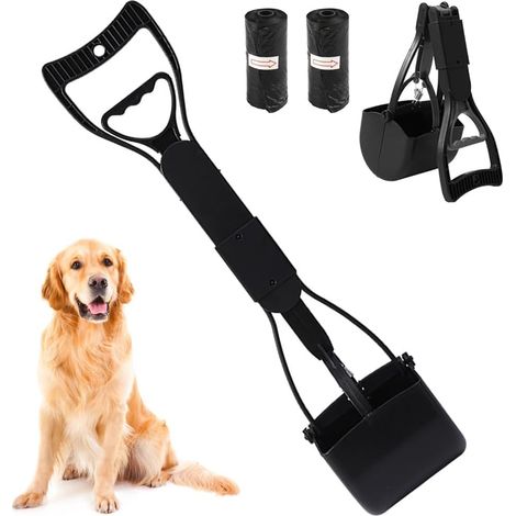 Pelle à déjections canines portable de 45 cm pliable avec long manche avec 2 rouleaux de sac à déjections canines pour animaux de compagnie, chiens et chats, gravier d'herbe pour extérieur (1/5)