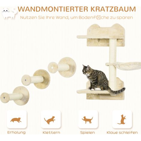 Ensemble grimpeur mural pour chat 4 pièces, avec griffoir et hamac, teinte beige et blanc cassé, dimensions 40x28x73 cm (1/4)