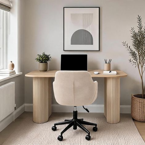 Monroe Brown Desk & Lumera Chenille Fabric Beige Office Chair Set (1/5)