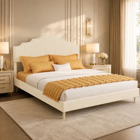 Cama doble tapizada 140x200 cm con somier de láminas y cabecero beige DESVIAE (1/3)