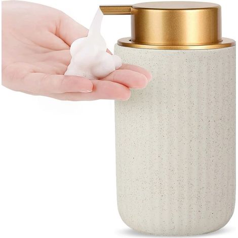 Distributeur Savon Liquide, 400ml Distributeur Shampoing et Gel Douche, Bouteille Shampoing en Céramique, Pompe Savon Liquide Rechargeable, Distributeur Savon Blanc (1/4)