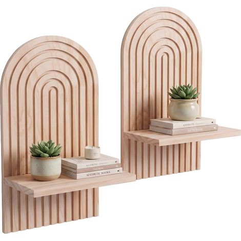 Relaxdays wall shelf, set of 2, HxWxD: 35 x 18 x 13 cm, pine wood, arched boho floating shelves, natural (1/5)