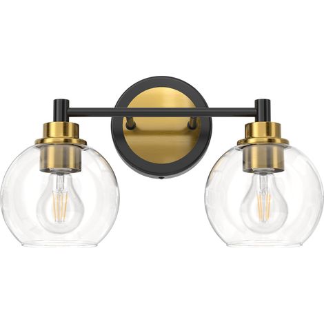 Applique de salle de bain, 2 lumières avec globe en verre, douilles E27, éclairage de salle de bain, noir et or, sans ampoule (1/5)