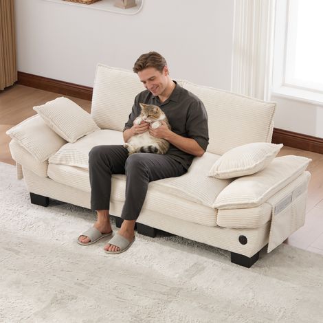 2-Sitzer Sofa 190x73x84 cm Beige Cord mit USB-C-Anschluss und Seitentaschen (1/5)