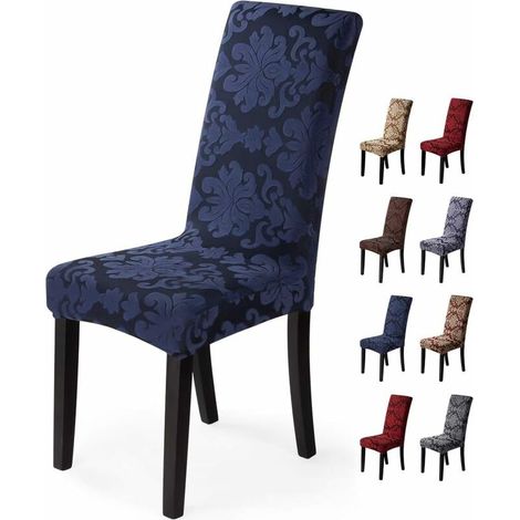 Housse de chaise 4 pièces Housse de Salle à Manger Jacquard Pattern Couverture de chaise de Amovible Lavable Housse de Protection très Facile à Nettoyer et Durable (Paquet de 4, Bleu foncé) (1/5)