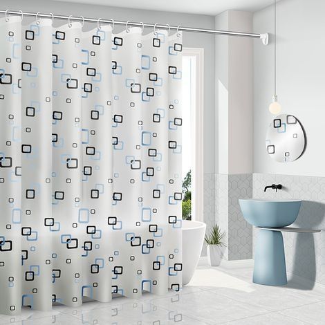 Rideau de Douche Anti moisissure 200 x 180 cm avec Anneaux,Anti-Bactérien Rideau Douche, Pas de Lavage, pour Les Salle de Bain, Blanc avec des carrés Bleus (1/5)