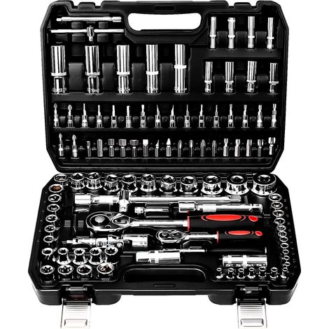 08-teilig Steckschlüsselsatz Cr-V Steckschlüssel Set
Ratschenkasten Knarrenkasten mit 1/4" und 1/2" 72 Zähne Umschaltknarre Sechskant Steckschlüsseleinsatz Auto Motorrad Fahrrad (1/5)