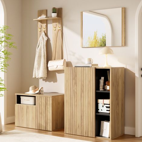 Ensemble meuble d’entrée 4-en-1 avec miroir, meuble à chaussures, patères et banc, rangement modulable en bois clair et noir, étagères réglables – CHICFURN (1/5)