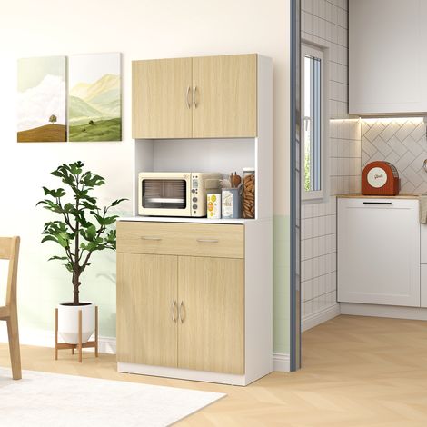Bois/blanc - Armoire cuisine 180cm haut, 2 armoires, tiroirs, étagères réglables, polyvalent, 80x40x180cm