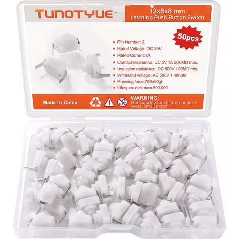 50 Pièces 12x8x8 mm Verrouillage Pousser Bouton Interrupteur, Pli Pieds DC 30V 1A Mini Interrupteur Marche-Arrêt, pour Lampe Poche Lumière Lampe Mur Sortie DIY, Blanc (1/5)
