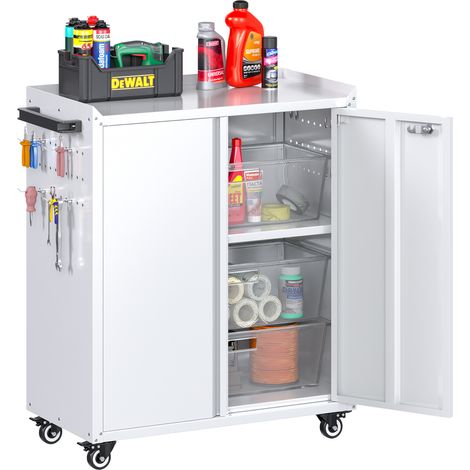 Armoire à outils AOBABO avec roulettes et poignée, avec panneau perforé et 4 crochets, dimensions 80x66x35 cm, armoire en acier verrouillable, adaptée pour garage, sous-sol et bureau, nécessite un ass (1/5)