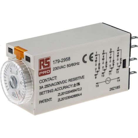 Relais temporisé RS PRO, 230V c.a., Enfichable, 4 contacts ( Prix pour 1 ) (1/3)