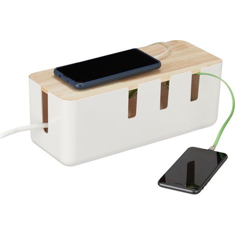Relaxdays Kabelbox groß, für Steckdosenleiste, Kunststoff & Holz, Kabel verstecken, 11,5x30x12,5 cm, Steckdosenbox, weiß (1/5)