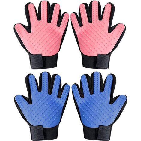 2 Paires de Gants de Toilettage Chat, Brosse à Gants pour Animaux de Compagnie, Gant de Toilettage Gaucher Droitier pour Poils Courts et Longs Bleu Clair/Rouge- 4 Pièces-DOU