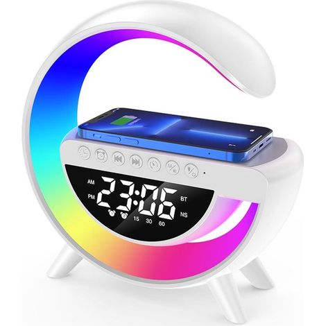 Lampada da scrivania a LED multifunzionale con funzione di ricarica wireless, altoparlante Bluetooth e sveglia, lampada da comodino per camera da letto, decorazione (1/4)