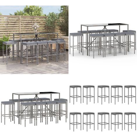 Mesa y taburetes altos jardín 11 piezas y cojines ratán PE gris - Taburete alto - Bar de jardín