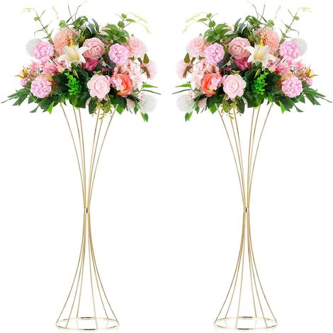 Vase Haut Métal Doré - 2 Pièces - Acier Électroplaqué - Support Floral Trompette - Mariage et Réception - 79cm de Hauteur (1/5)