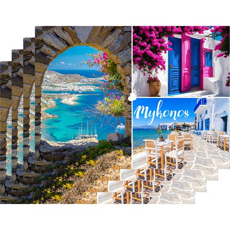 Set 4 Pezzi Tovagliette Americane Città In Vinile Made In Italy Colazione Pranzo Antiscivolo Resistenti Al Calore Facilmente pulibili Riutilizzabili Cartolina Tovaglia Idea Regalo Mykonos