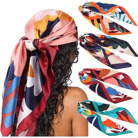 Pañuelo cuadrado de 4 piezas, Pañuelo de primavera y verano, Estampado floral, Pañuelo de satén estampado colorido, Diadema, 9090cm (1/5)