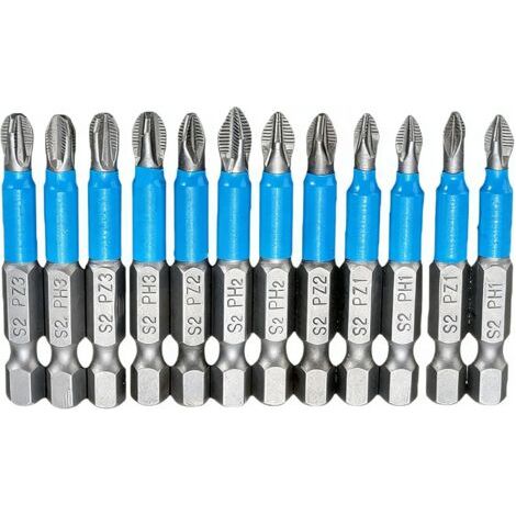 QORVA-Embouts de Tournevis à Tête Cruciforme Magnétique, 12Pcs 50mm Embout Visseuse Aimanté, Screwdriver Bits PH1 PH2 PH3 PZ1 PZ2 PZ3 pour Tournevis Électriques à Main