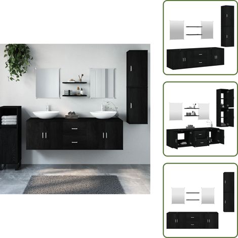 The Living Store Ensemble de meubles salle de bain 7 pcs noir bois d'ingénierie - Meuble Salle De Bain - Ensemble Salle De Bain - Armoire Salle De Bain - Miroir Salle De Bain - Rangement Salle De Bain