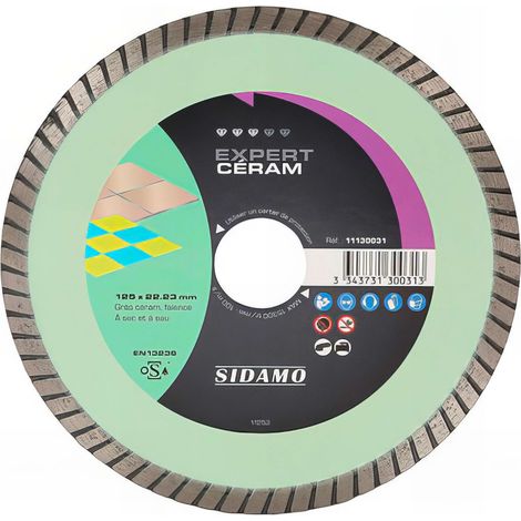 Sidamo – Disque diamant pour meuleuse – Diamètre 125mm – Alésage 22,23mm – Coupe grès céram et faïence – Vitesse max 15300 Tr/min
