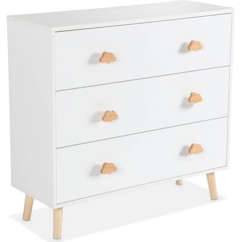 Commode enfant. décor bois. blanc. 3 tiroirs. pieds et poignées nuage en pin