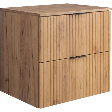 Furnidea - Meuble suspendu sous lavabo avec le plan FLOW chêne 60 cm - 2 tiroirs - façades rainurées (1/5)