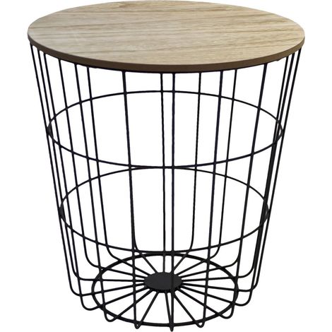 Table d'appoint en métal 39 x 41 cm, table ronde 40 x 43 cm, panier en fer noir avec plateau en bois amovible - étagère de rangement, table de salon, support pour plantes (1/4)
